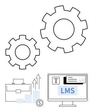 Gear cogs interlocking, computer screen showing text editor with LMS, portfol Stock-Illustration