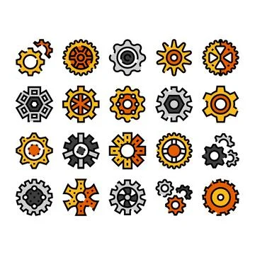 Gear cogs mechanical engineering industry technology icons set Stock Illustration