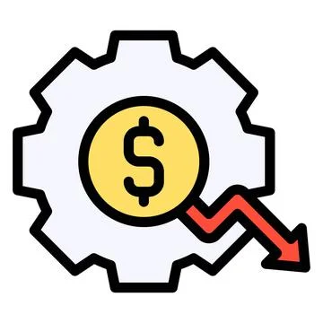Gear with coin and decrease arrow icon, Bankruptcy related vector 库存插图