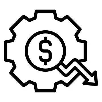 Gear with coin and decrease arrow icon, Bankruptcy related vector Stockillustratie