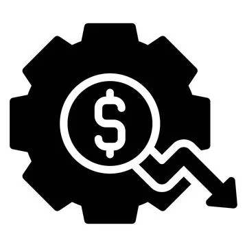 Gear with coin and decrease arrow icon, Bankruptcy related vector Illustrazione stock