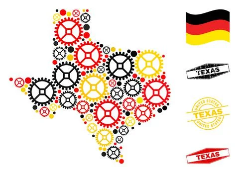 Gear Collage Texas State Map in German Flag Colors and Grunge Seals Stock Illustration