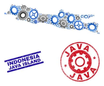 Gear Collage Vector Java Island Map and Grunge Seals Ilustración de archivo