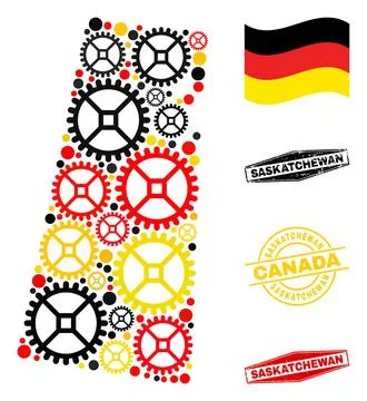 Gear Composition Saskatchewan Province Map in German Flag Colors and Grunge Stock Illustration