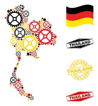 Gear Composition Thailand Map in German Flag Colors and Grunge Stamps Stock Illustration