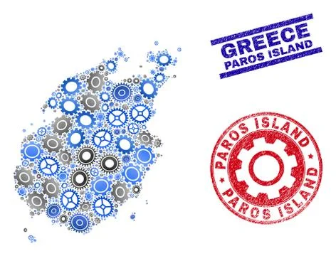 Gear Composition Vector Paros Island Map and Grunge Stamps 库存插图