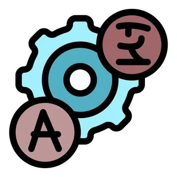 Gear connecting different languages symbolizing translation and communication Stock Illustration