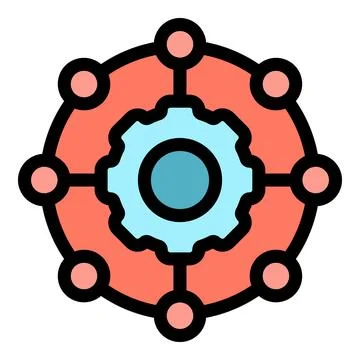 Gear connecting to multiple nodes representing decentralized network operatio Stock Illustration