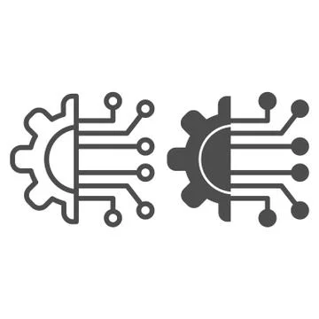 Gear connection line and solid icon. Gear with chip circuit, hardware or 库存插图