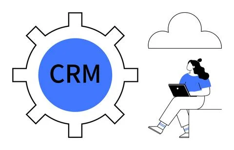 Gear with CRM label, cloud icon, person working on laptop. Ideal for CRM syst Stockillustratie