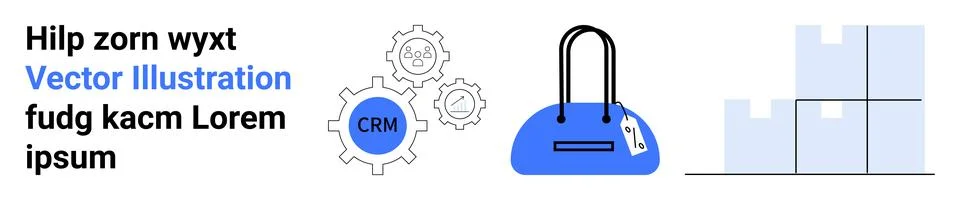 Gear with CRM label next to interlocking gears, blue handbag with tag, bar ch Illustrazione stock
