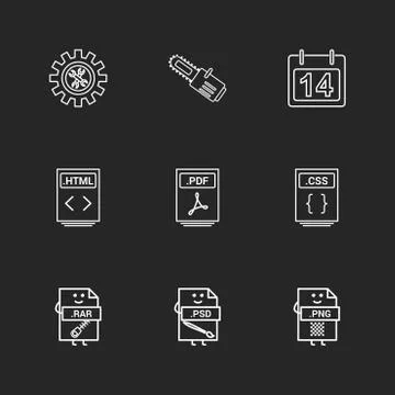 Gear , cutter , calender , html file , pdf file , css file , compressed file  Stock Illustration