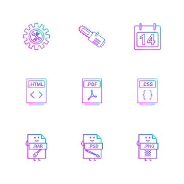 Gear , cutter , calender , html file , pdf file , css file , compressed file  Stock Illustration
