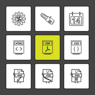 Gear , cutter , calender , html file , pdf file , css file , compressed file  Stock Illustration
