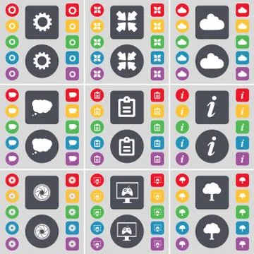 Gear, Deploying screen, Cloud, Chat cloud, Survey, Information, icon symbol. A l イラスト素材