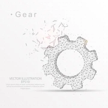Gear digitally drawn low poly wire frame on white background. Stock Illustration