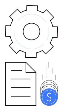 Gear, Document, and Falling Coins Representing Business Operations and Fina.. 스톡 일러스트