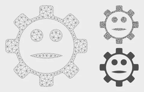 Gear Face Neutral Smiley Vector Mesh Network Model and Triangle Mosaic Icon Stock Illustration