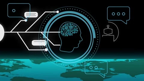 Gear-filled head HUD pulsing, receiving AI connector triggered by incoming chats Stock Footage 335739707