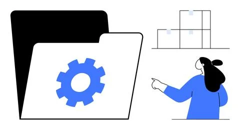 Gear on Folder with Person Pointing and Organizational Graph イラスト素材