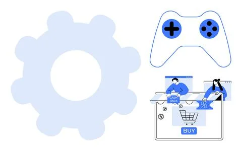 Gear, Game Controller, and Online Shopping Elements in Minimalist Design wi.. イラスト素材