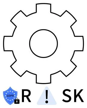 Gear, GDPR shield, RISK text with exclamation mark in triangle. Ideal for dat Stock-Illustration