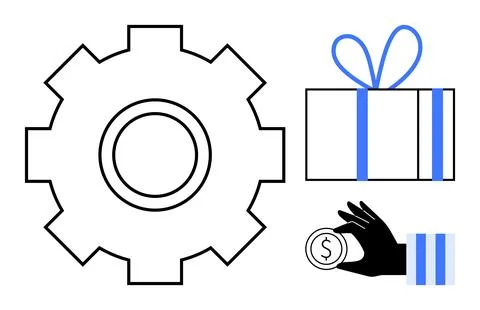 Gear, gift box with blue bow, and hand holding a coin. Ideal for business pro 스톡 일러스트