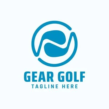 Gear golf logo with circular blue stick golf shape isolated on white color .. Illustrazione stock