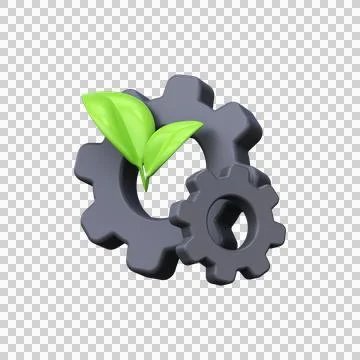 Gear with green leaf. 3d icon of green industry and clean technology Stock Illustration