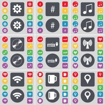 Gear, Hashtag, Note, Disk, Keyboard, Wi-Fi, Cup, Checkpoint icon symbol. A large Stock Illustration