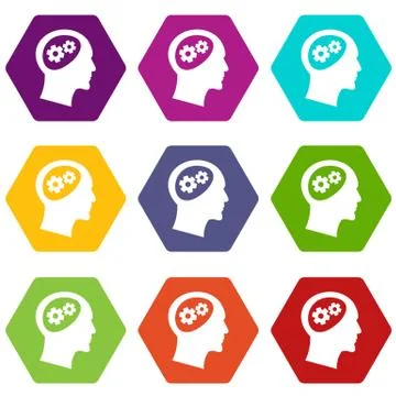 Gear in head icon set color hexahedron Illustrazione stock