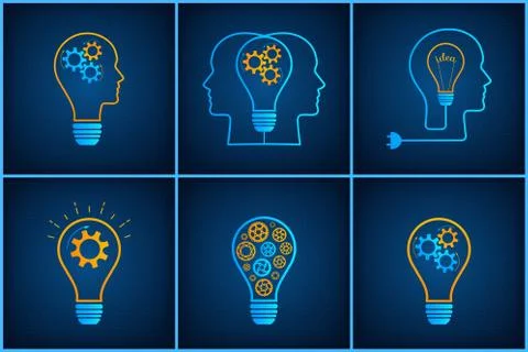 Gear head lightbulb creative teamwork concept set Stock Illustration