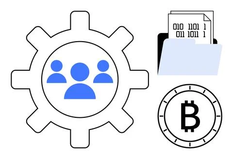 Gear with human icons, folder with binary code files, and a Bitcoin symbol. I 스톡 일러스트