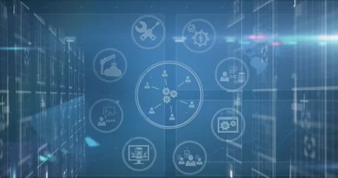 Gear icon appearing, starting gears and user nodes forming hub, lines extending, Stock Footage 326974161