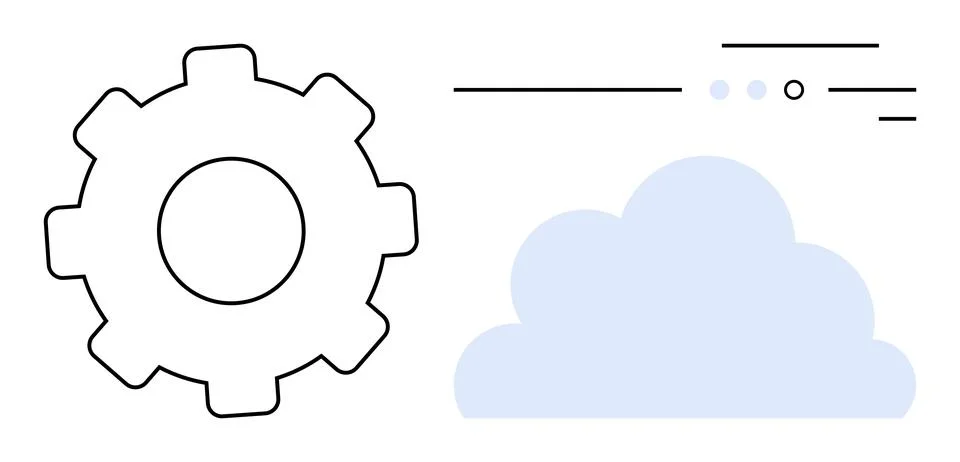 Gear icon beside a cloud shape with horizontal lines and dots. Ideal for clou Stock Illustration