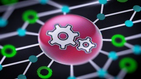 The gear icon. Circuit board in the screen. Looping footage with codec Prores 44 Stock Footage 109126658