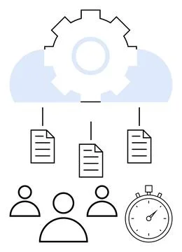 Gear icon with cloud, connected documents, three team members, and a stopwatc Stock Illustration