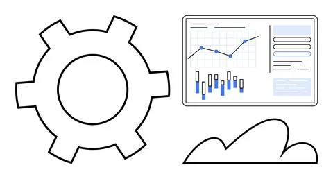 Gear icon, cloud shape, and a business analytics dashboard featuring a line g Illustrazione stock
