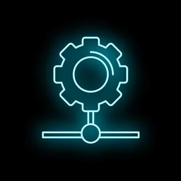 Gear icon connected to data network blue neon 스톡 일러스트