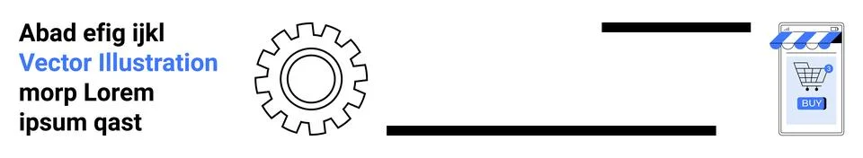 A gear icon connects to an app-like interface with a shopping cart icon. Idea Stock Illustration