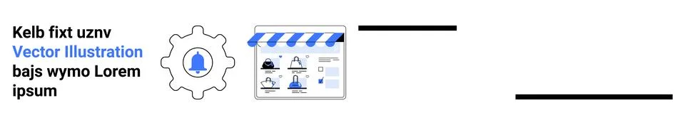 Gear icon containing blue bell, business dashboard with charts and data, clip Stock Illustration