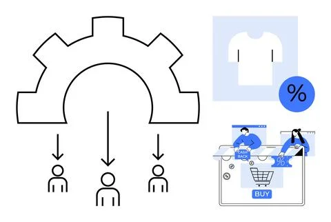 Gear icon distributing tasks to three users, e-commerce elements including cl Ilustração Stock