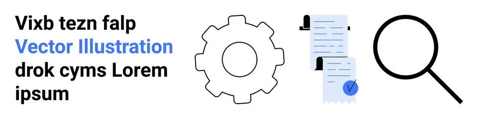 Gear icon, document with checkmark, and magnifying glass. Ideal for business, Illustrazione stock
