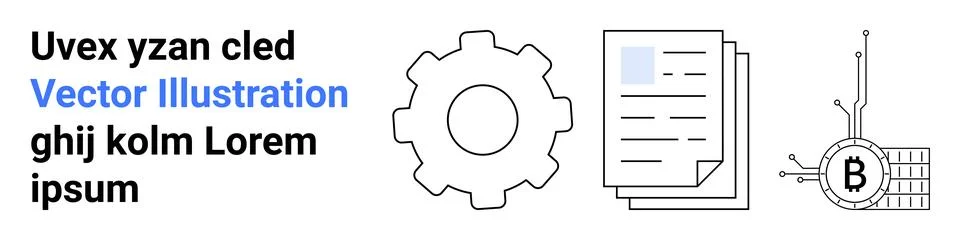 Gear icon, document stack, and cryptocurrency symbol. Ideal for technology, f Stock Illustration