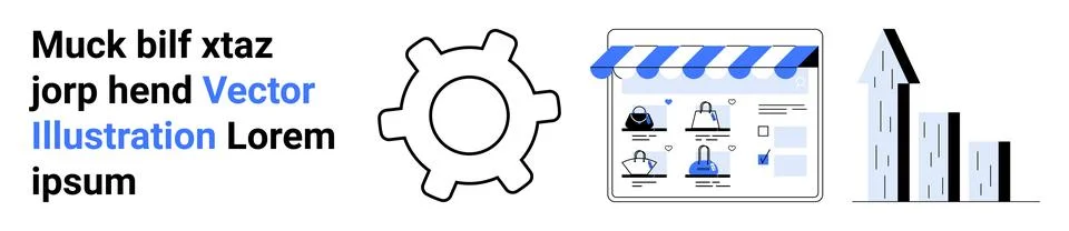 Gear icon, e-commerce store interface showing products, and bar graph ascendi Illustrazione stock