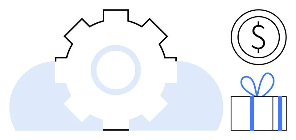 Gear icon floating in blue cloud, dollar coin, gift box tied with blue ribbon Stock Illustration