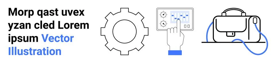 Gear icon, hand interacting with touch screen, and business bag. Ideal for te 스톡 일러스트