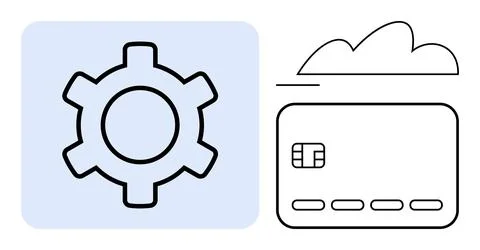 Gear icon inside blue square next to outline of credit card and cloud. Ideal  Stock Illustration
