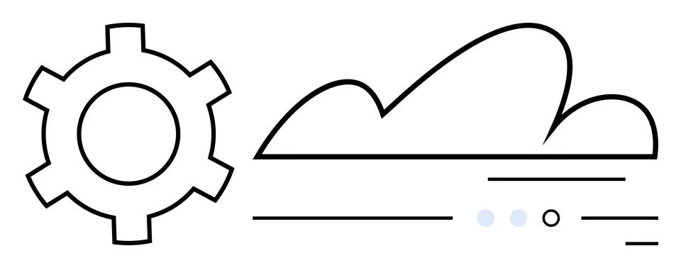 Gear icon next to cloud with connected lines and dots indicating data flow an Illustrazione stock