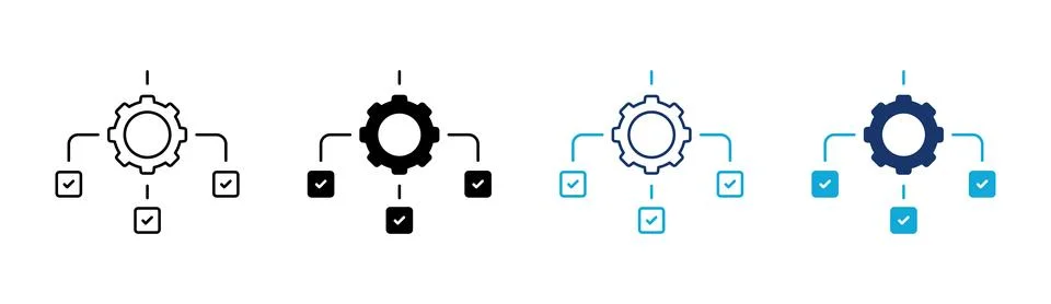 Gear icon set with checkmark boxes representing workflow management and pro.. Stock Illustration